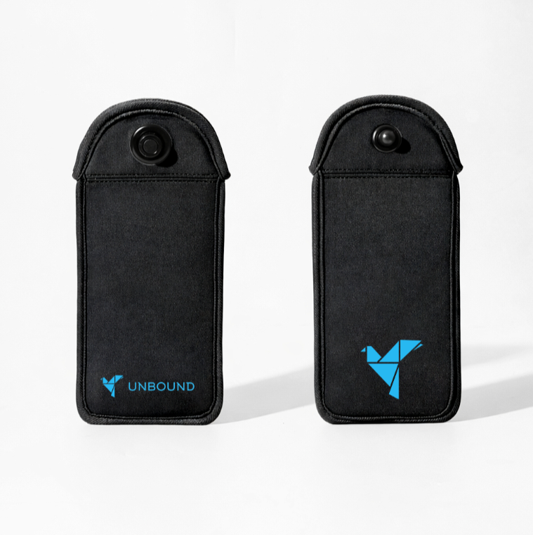 Two black portable devices with a camera on top, one with the UNBOUND logo and one with a bird logo, positioned vertically.
