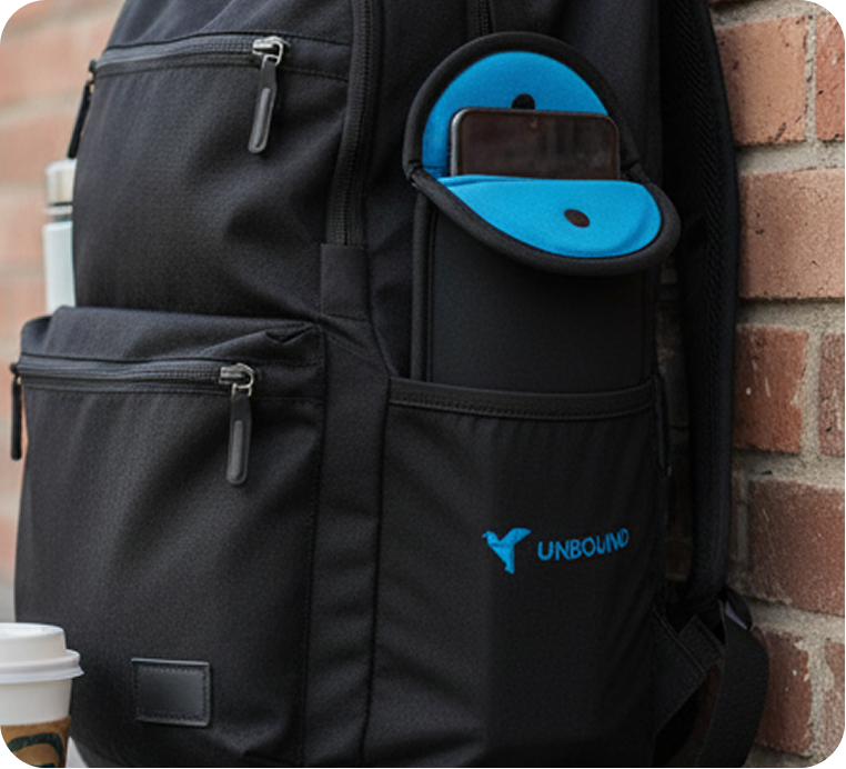 Black backpack with zippered pockets against a brick wall, containing a blue disc inside a pocket with a smartphone, and a coffee cup in front.