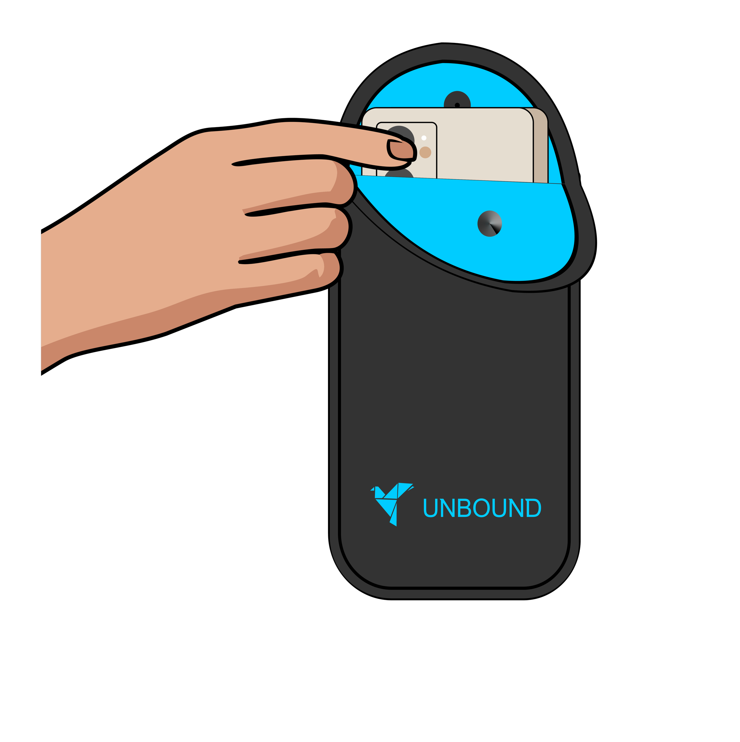A hand inserting a smartphone into a black portable device with a blue interior, labeled 'UNBOUND' with a blue origami bird logo.