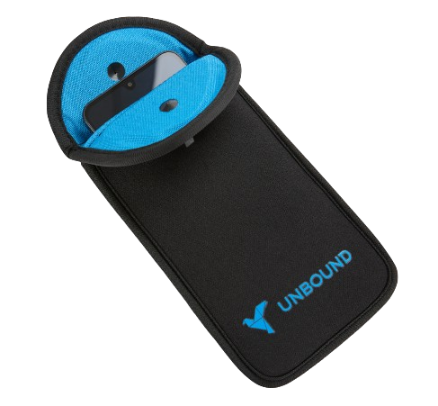 A black carrying case with a blue interior, containing a smartphone and a small round object, labeled 'UNBOUND' on the case.