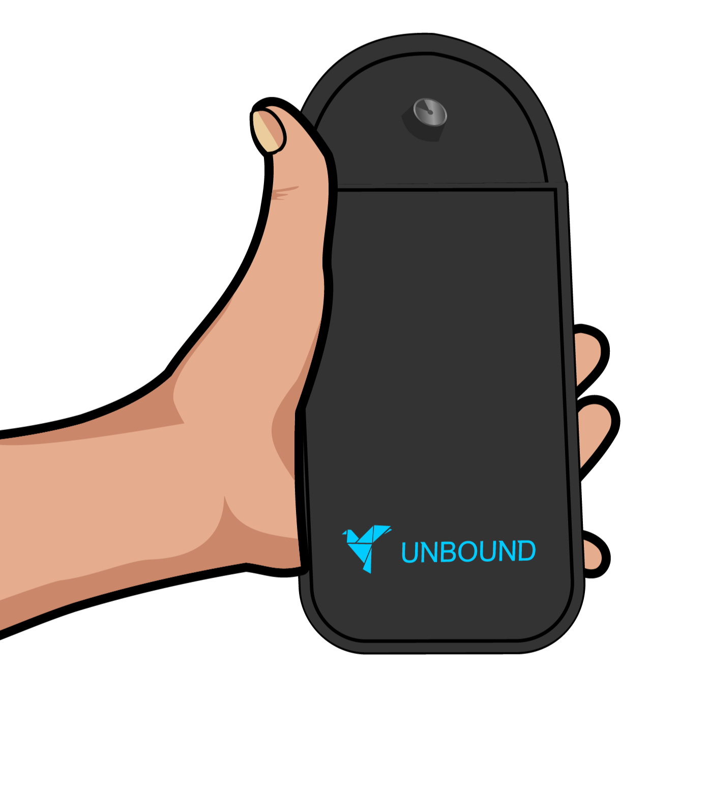 Hand holding a black device with a logo and the word UNBOUND on it.