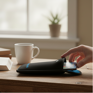 A hand placing a smartphone into a black wireless charging pad on a wooden table, with a white coffee mug and potted plant in the background.