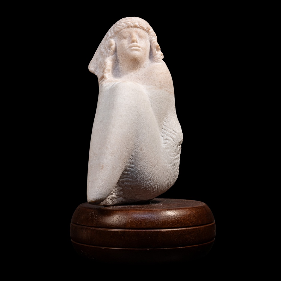 "Enthroned", marble on wood base, 11 × 6 × 5 in., 2025