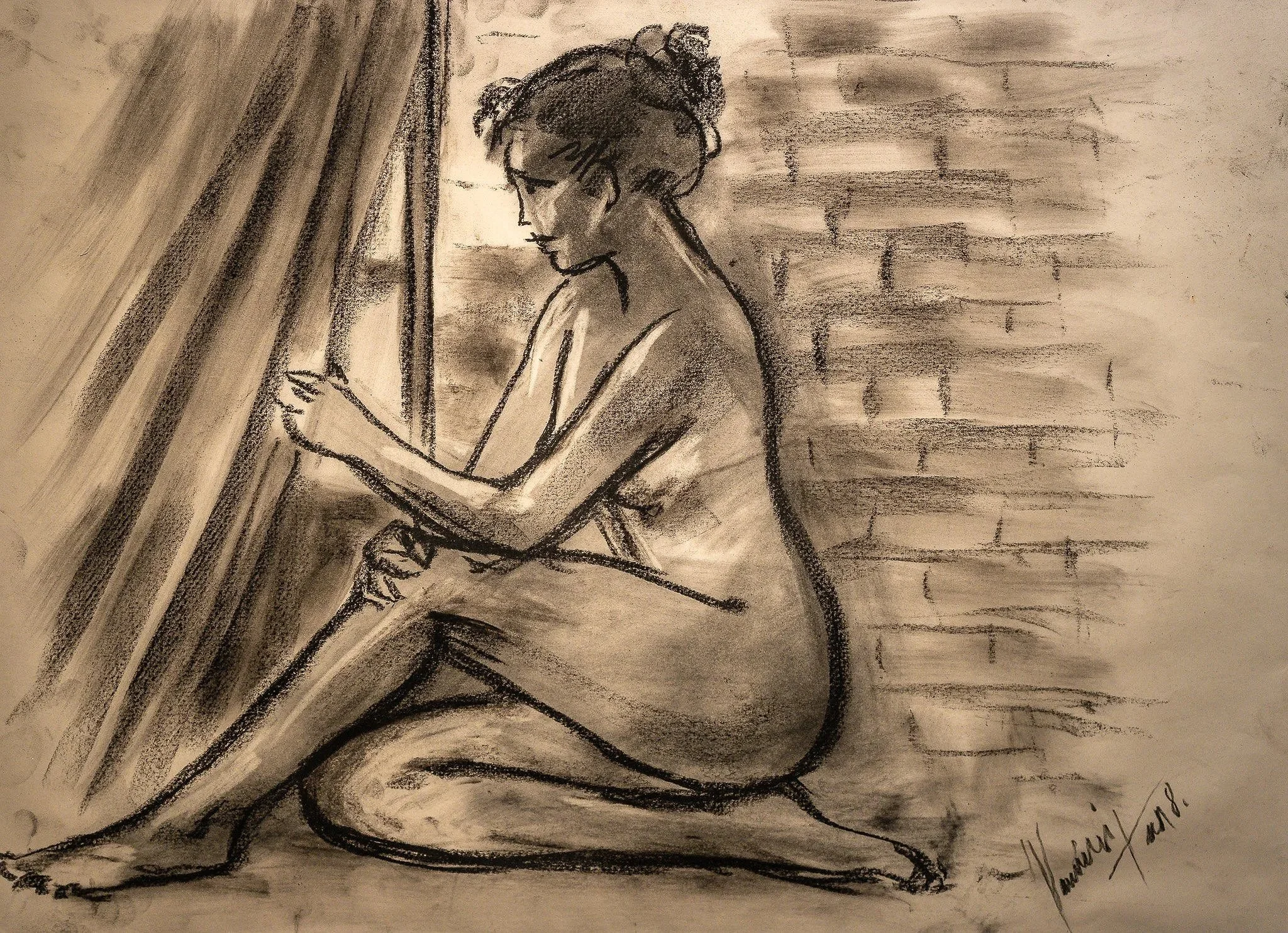 "At The Window", charcoal on paper, 18 × 24 in., 2018