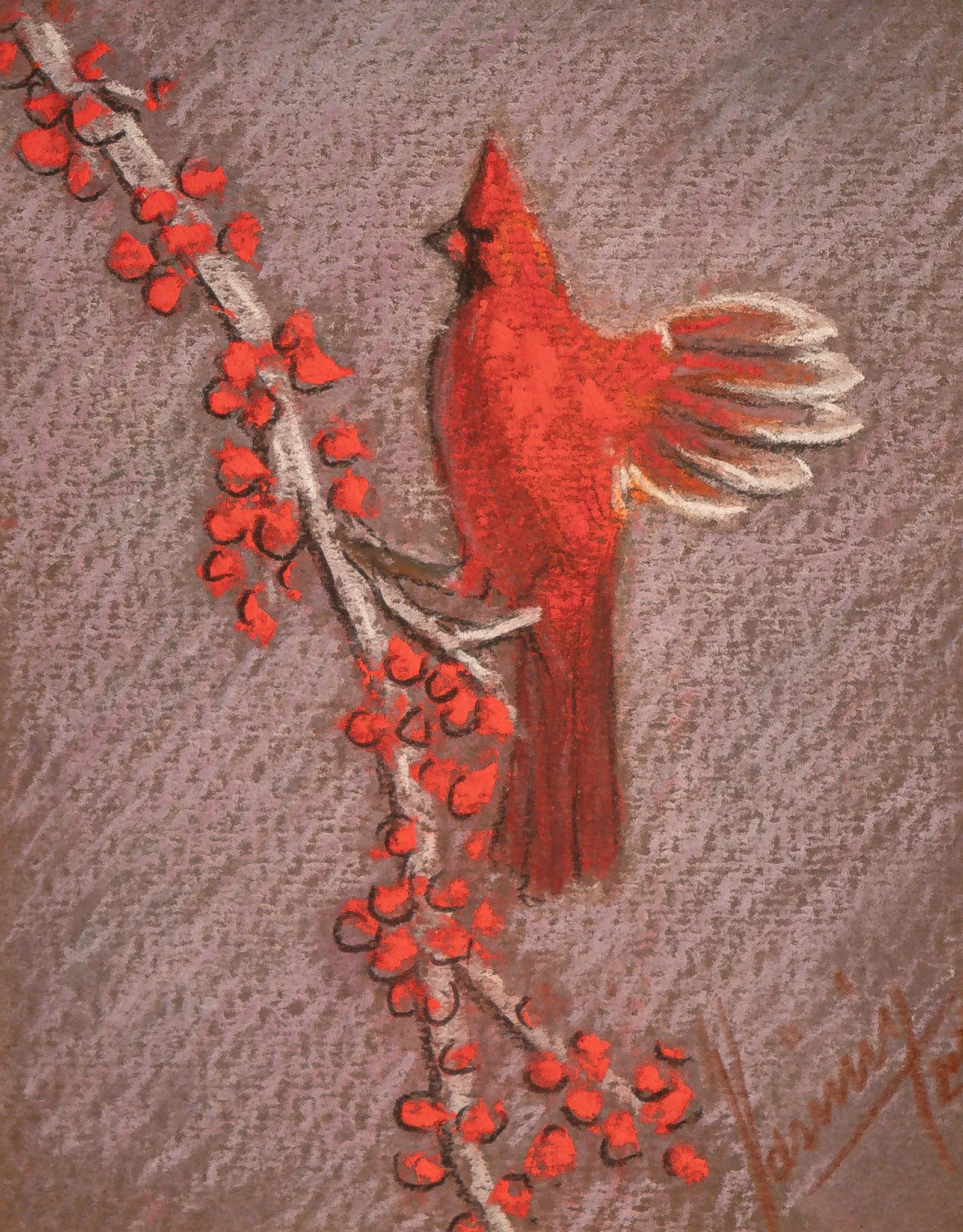 "The Cardinal and the Berries", pastel on paper, 5 × 6 in., 2021