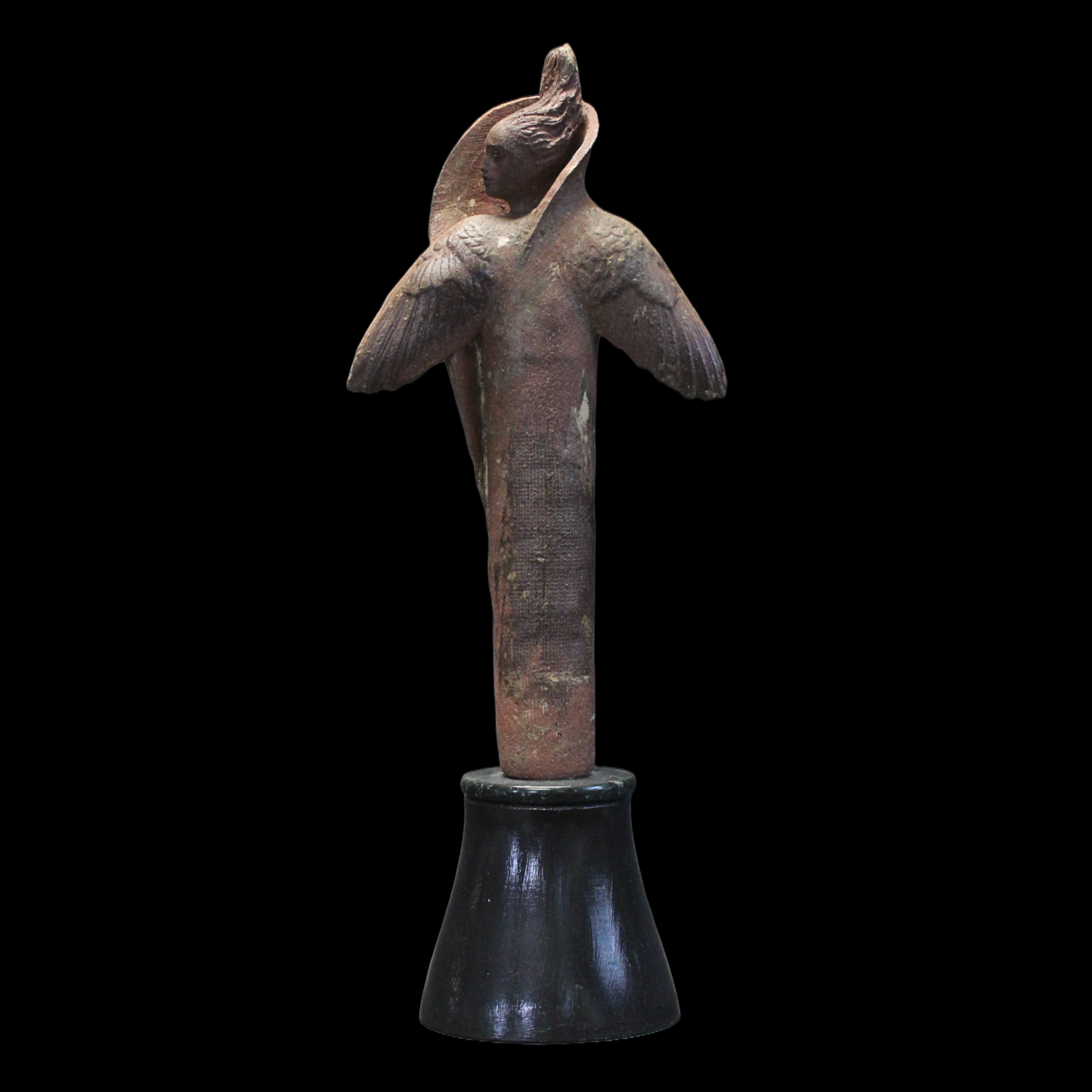 "Winged Presence", terracotta on wood base, 22 × 9 × 4 in., 2015