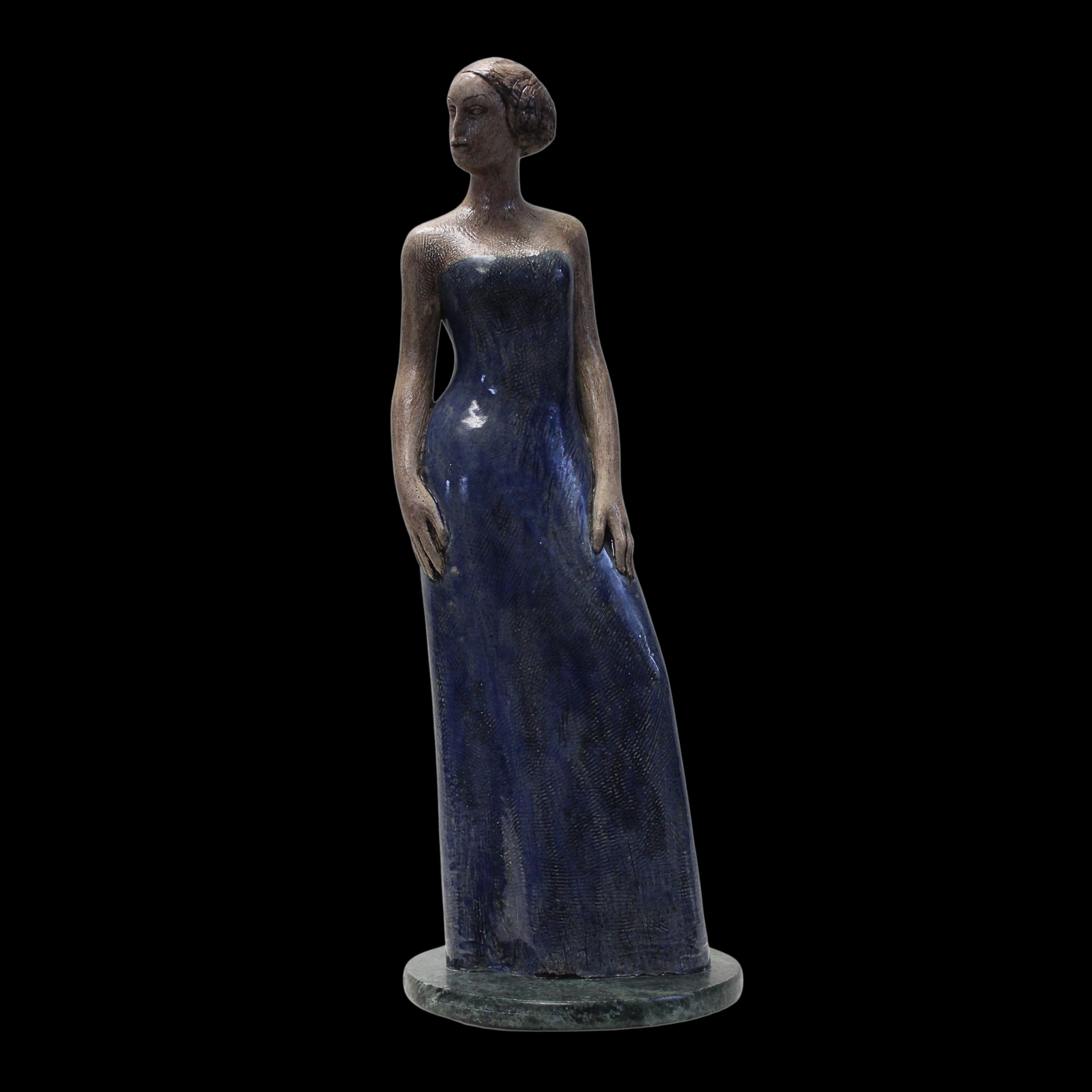 "Woman in Blue", ceramic on wood base, 20 × 6 × 5 in., 2015
