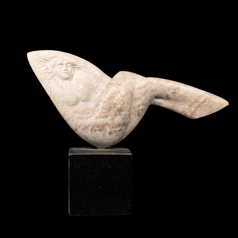 "Full Reach", alabaster on granite base, 13 × 10 × 4 in., 2024