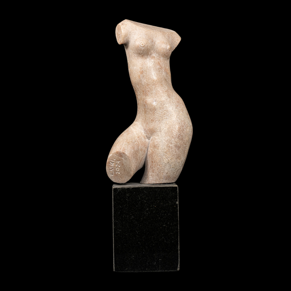 "Torso", marble on granite base, 13 × 5 × 4 in., 2024