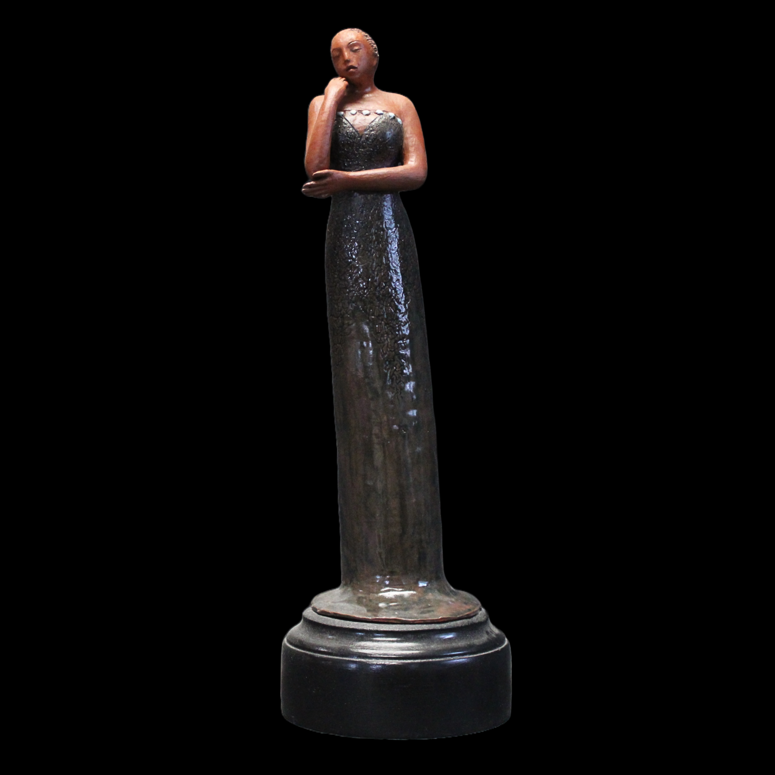 "Figure in Black", ceramic on wood base, 18 × 6 × 5 in., 2015