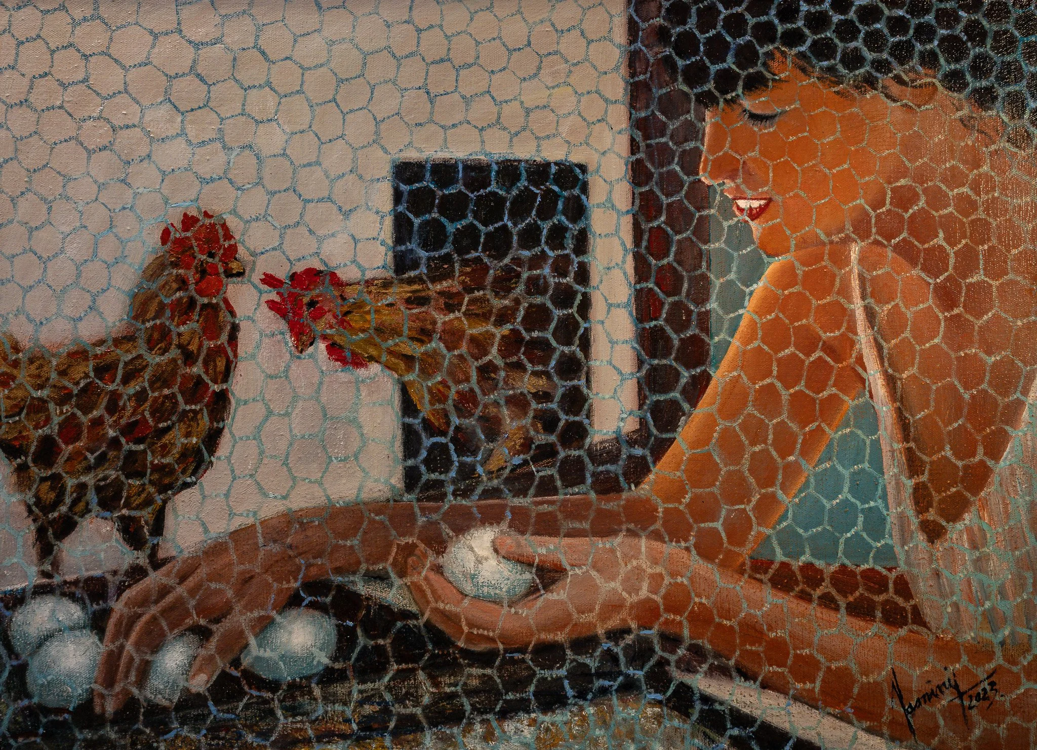 "Hen-keeper", oil on canvas, 18 × 24 in., 2023