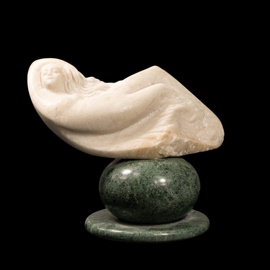 "Buoyant", marble on granite base, 7 × 7 × 4 in., 2023