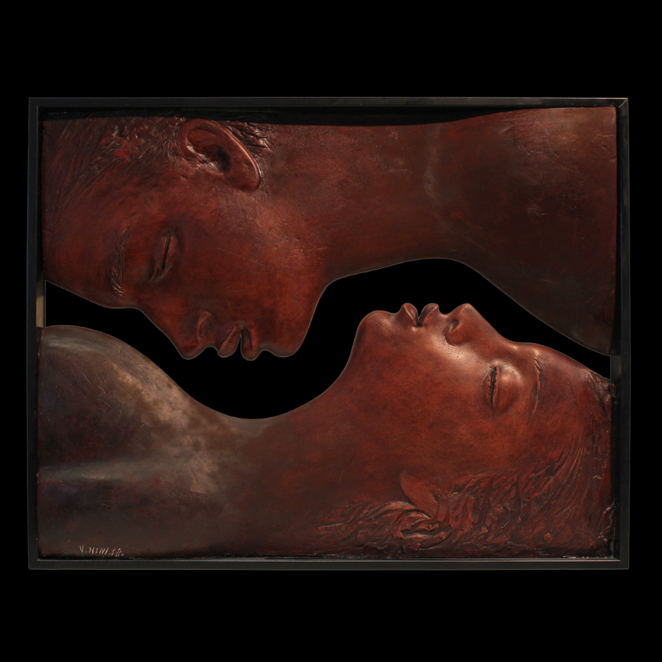 "The Kiss", wood relief, 16 × 24 in., 2018
