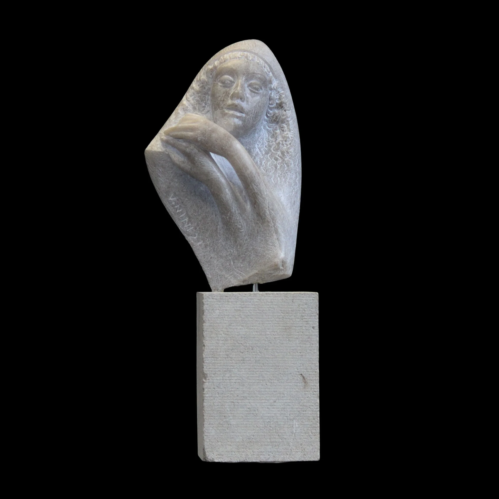"Palm to Palm", marble on stone base, 7 × 4 × 3 in., 2021