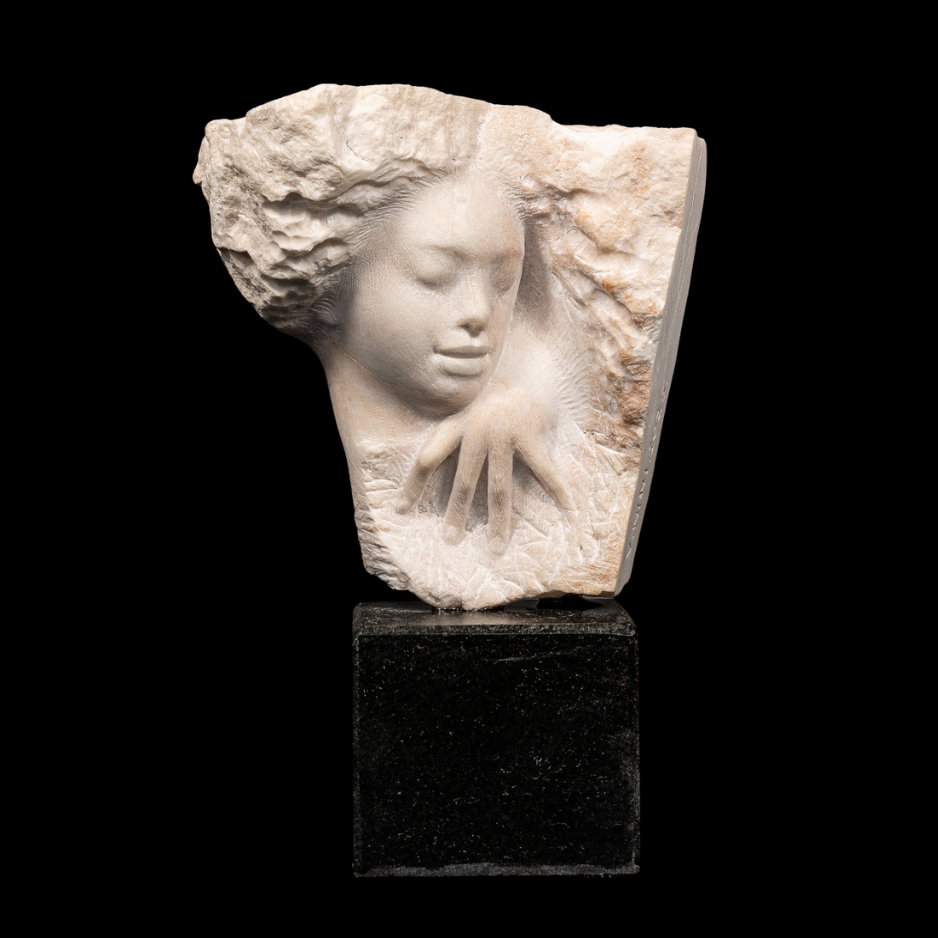 "The Interior", marble on granite base, 8 × 5 × 3 in., 2025
