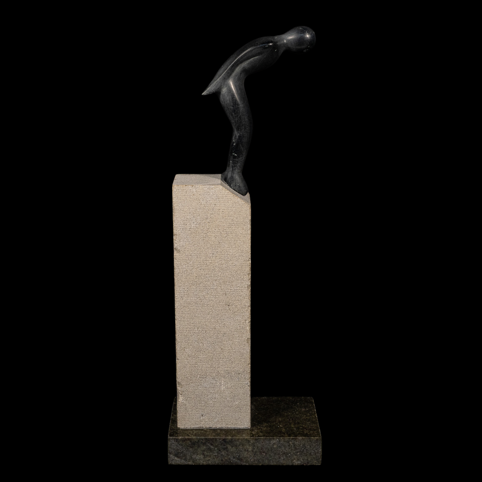 "Leap", granite on limestone base, 17 × 6 × 4 in., 2016