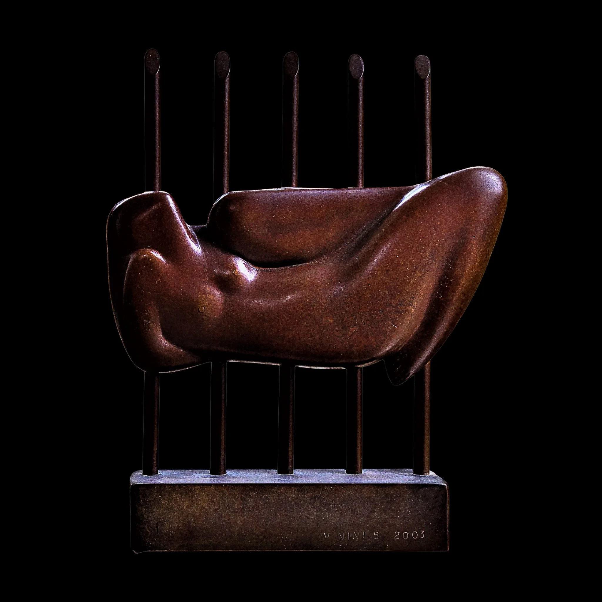 "Suspended Rest", bronze on bronze base, 14 × 10 × 3 in., 2003