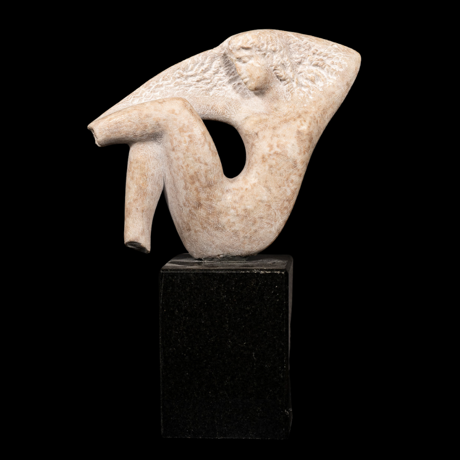 "Continuum II", alabaster on granite base, 10 × 7 × 3 in., 2023