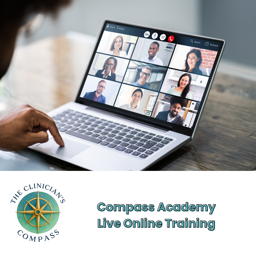 A person participating in a virtual meeting on a laptop with nine diverse people visible on the screen.