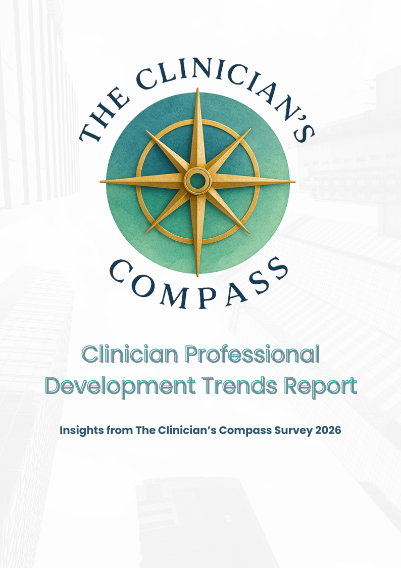Cover page of a report titled 'The Clinician's Compass: Clinician Professional Development Trends Report,' featuring a gold compass graphic and a light gray cityscape background.
