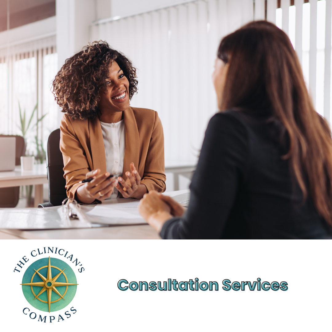 Two women having a conversation in a professional office setting, one is smiling and gesturing while the other listens. The bottom part of the image features a logo with a compass and the text 'The Clinicians' Compass Consultation Services.'