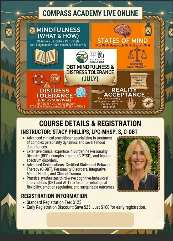 Compass Academy Live Online- DBT Essentials Part 2- Mindfulness and Distress Tolerance