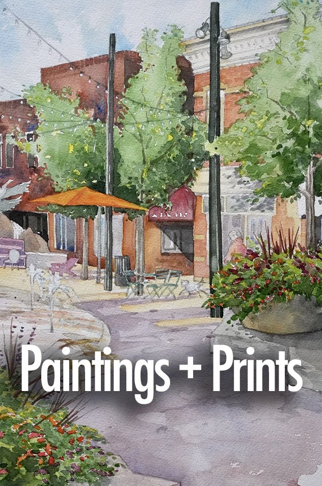 Watercolor painting of a sidewalk scene with trees, outdoor seating with chairs and tables, a building with a red awning, street lamps, and potted plants, with a sign reading 'Paintings + Prints'.