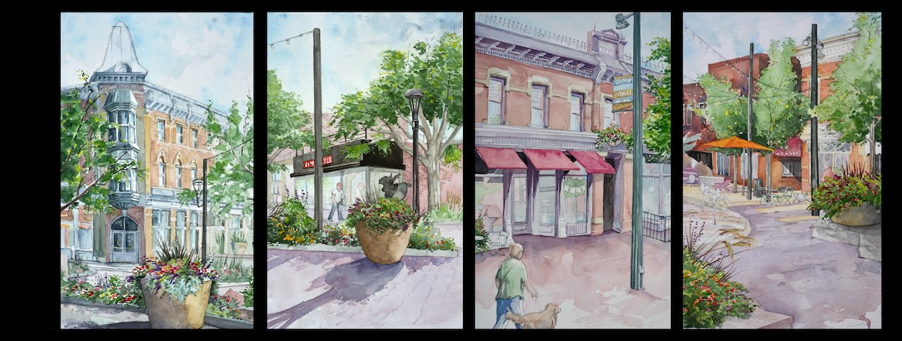 Four watercolor cityscape scenes featuring buildings, trees, and street elements like benches, streetlights, and pedestrians with dogs, showcasing an urban environment in a calm, scenic style.
