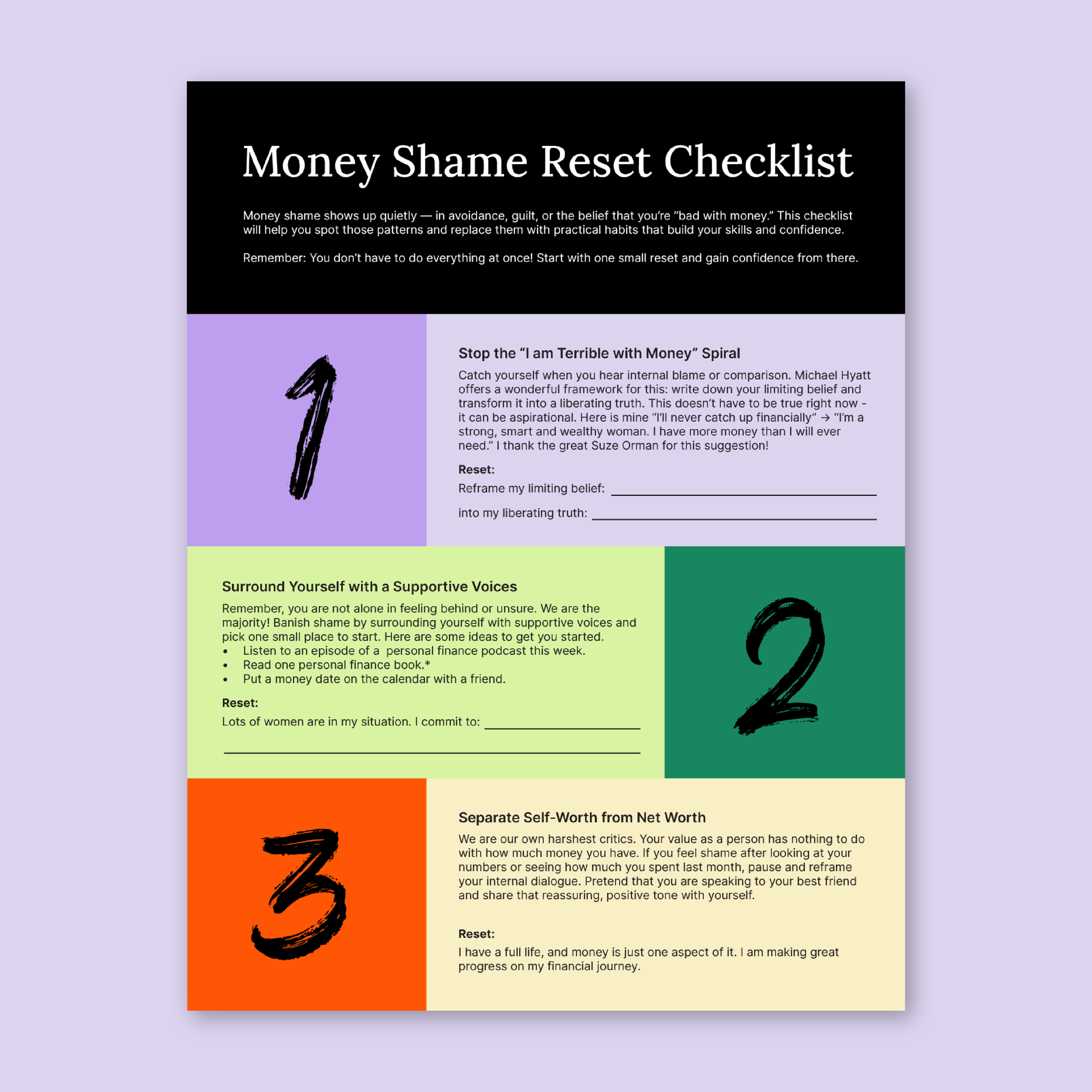 Colorful checklist titled 'Money Shame Reset Checklist' with three sections, numbered 1 to 3, each with tips and space for notes, on a purple background.
