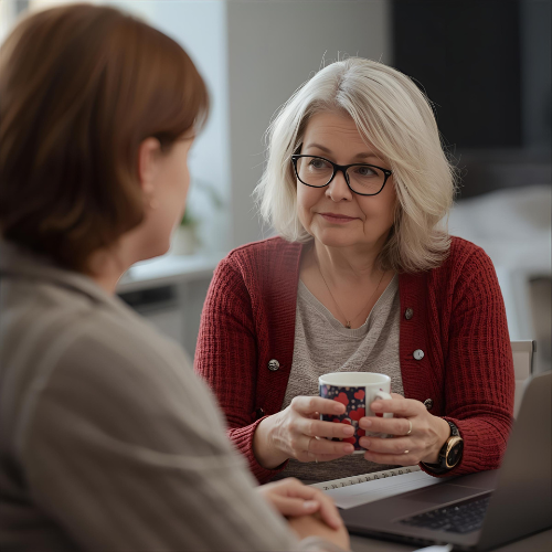 Two women having a conversation in an office, one holding a mug, with a laptop in front of her.