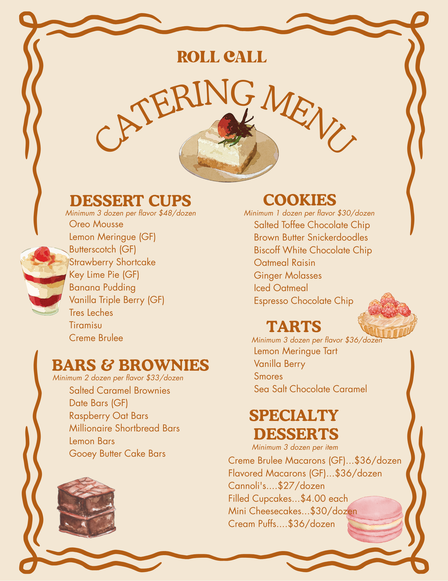 Catering menu with various dessert options, cookies, bars, brownies, tarts, and specialty desserts, featuring illustrations of a slice of cake, a tart topped with raspberries, and a piece of layered cake.