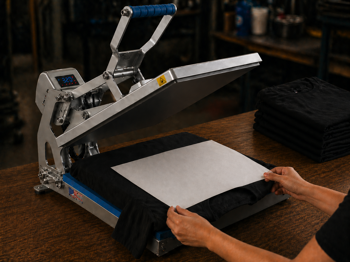 A heat press machine pressing a black t-shirt on a wooden table, with folded black t-shirts nearby.