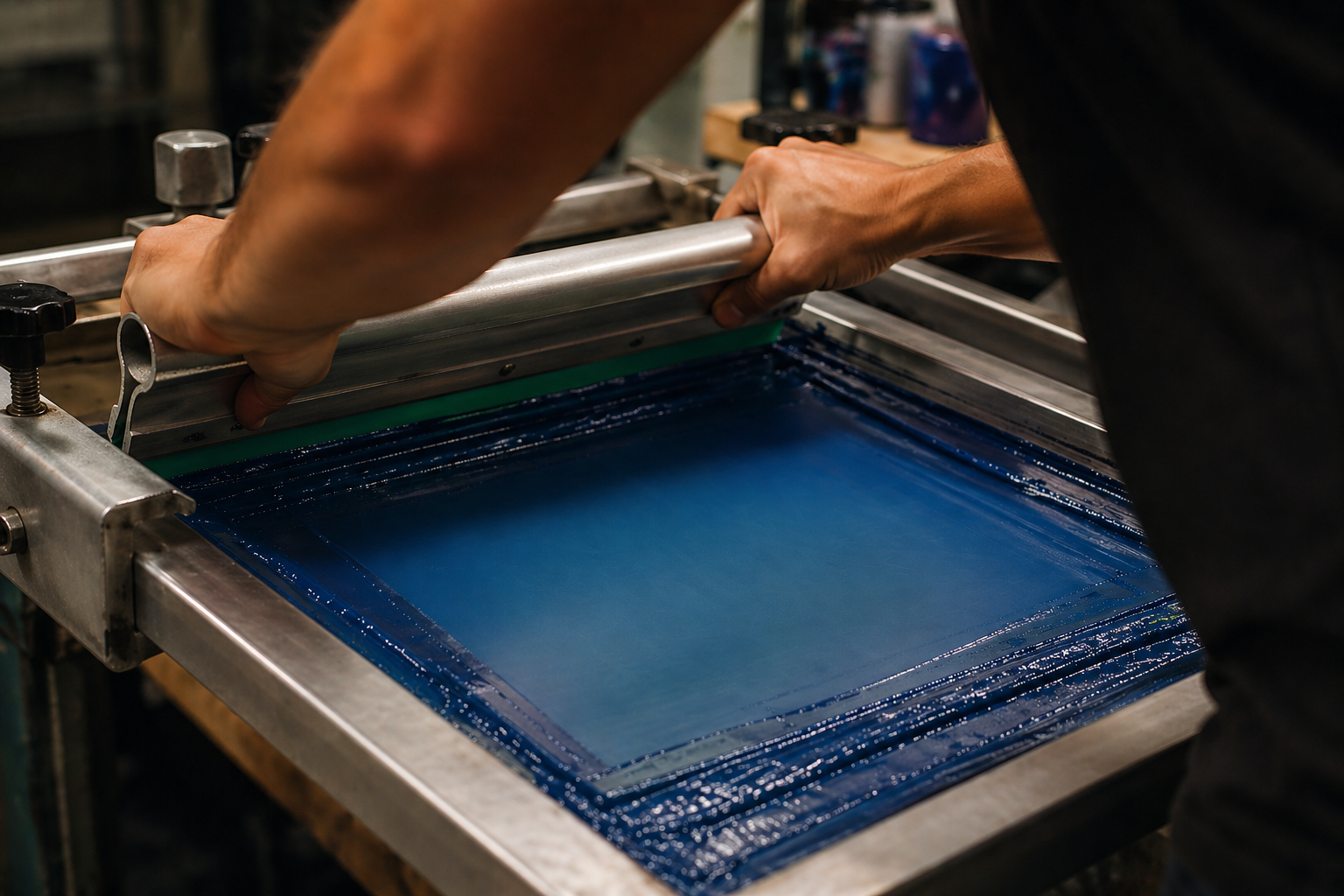 Hands operating a printing press machine printing a blue design.