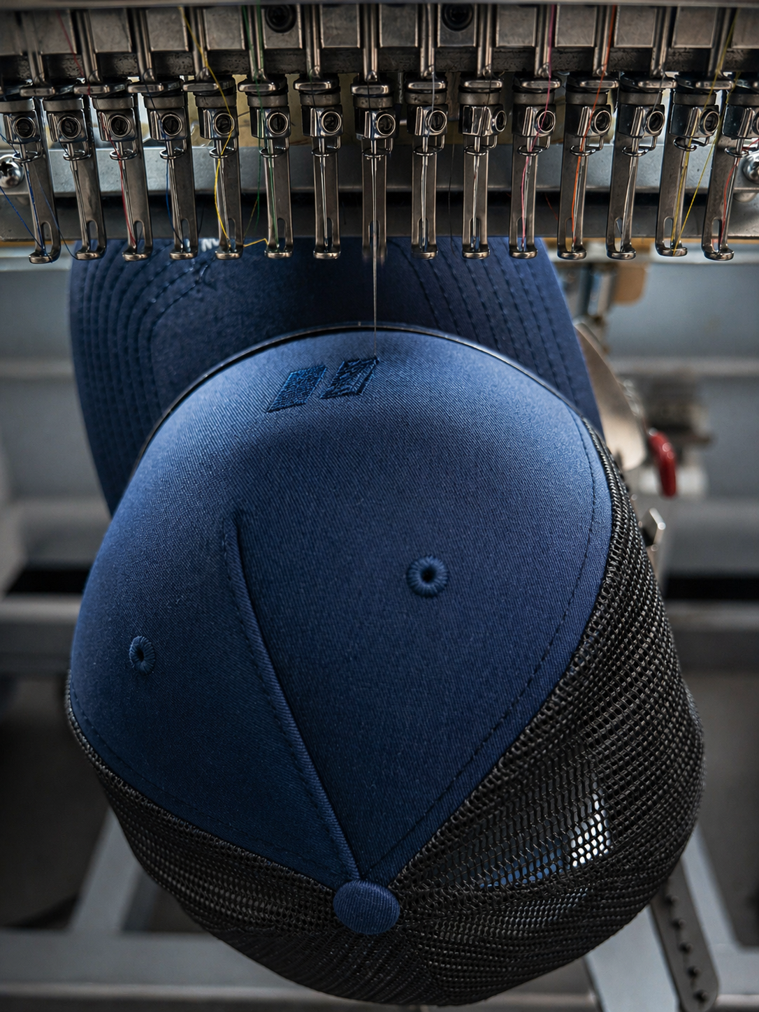 Blue and black baseball cap being embroidered.
