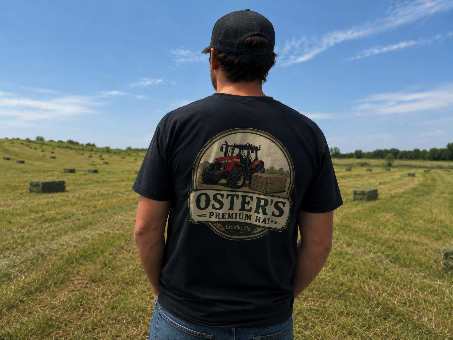 Person wearing a black Oster's Premium Hay t-shirt and a black baseball cap standing in a field of hay bales under a blue sky.