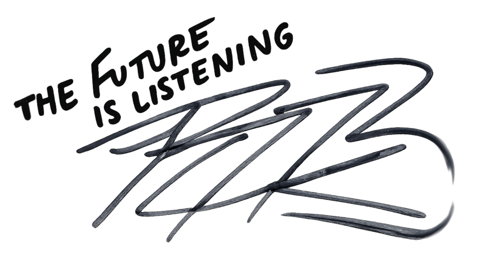 Neon sign with the words "The Future is Listening" written in black letters. The sign has a stylized upward arrow design.