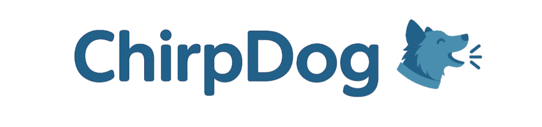 Logo for ChipDog featuring stylized text 'ChipDog' with a smiling cartoon dog head on the right, emitting a speech or sound signal.