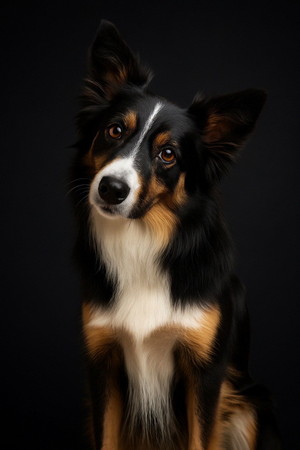 Portrait of a black, white, and tan Australian Shepherd dog with a black background.