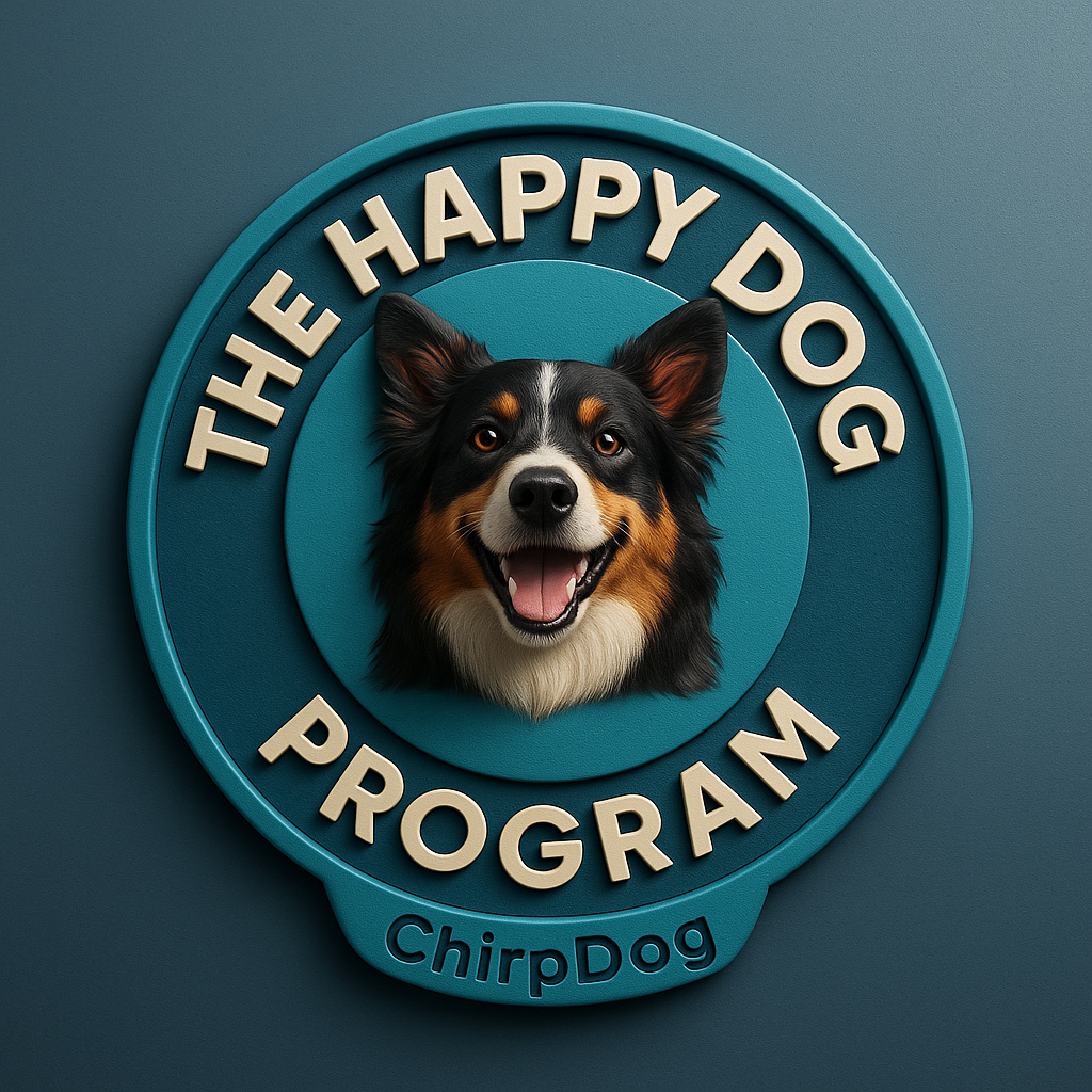 A circular emblem with the words "The Happy Dog Program" around the border and a smiling Bernese Mountain Dog in the center, on a blue background.