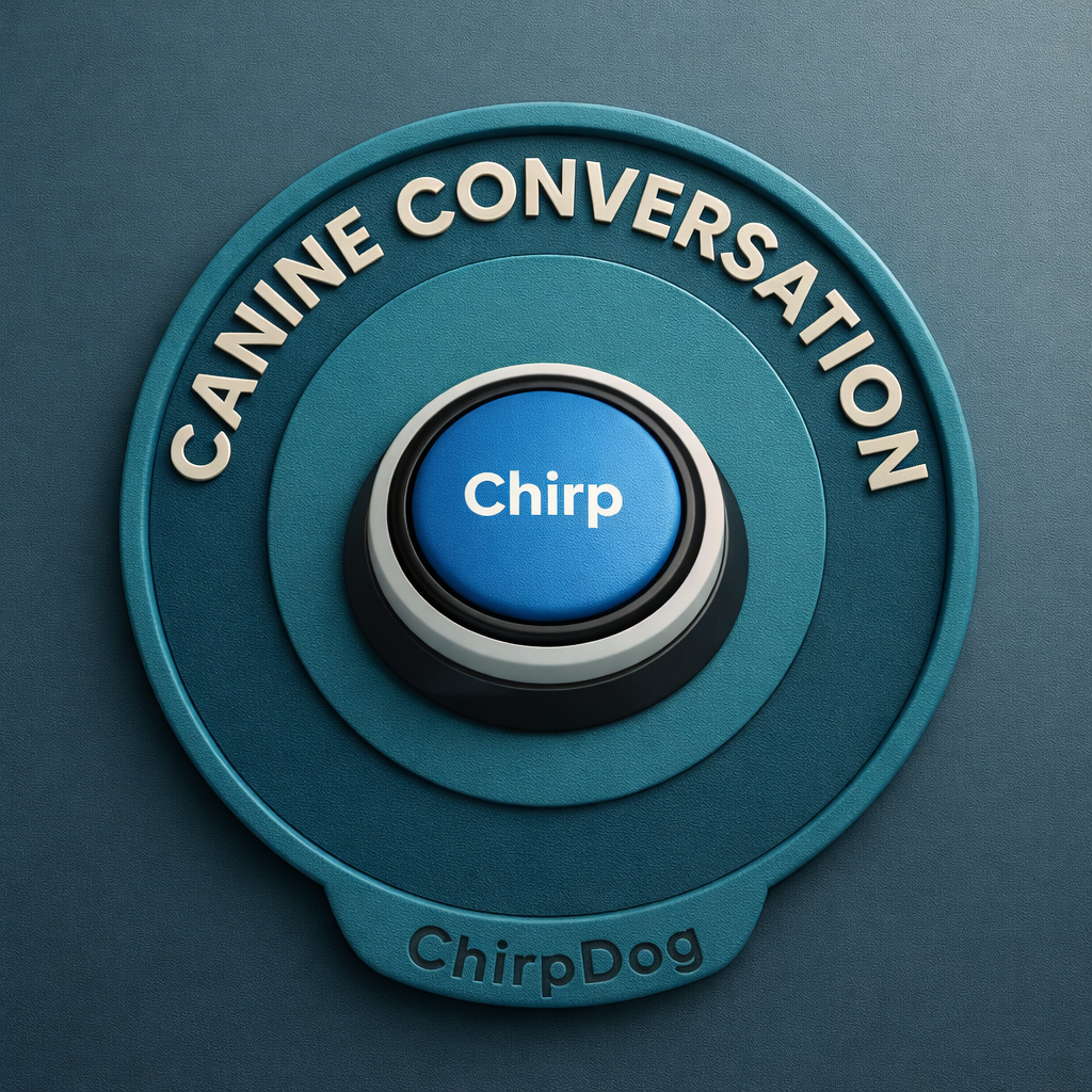 A circular control panel with a blue button labeled 'Chirp' in the center, surrounded by text reading 'CANINE CONVERSATION' on the upper arc and 'ChirpDog' on the lower arc.