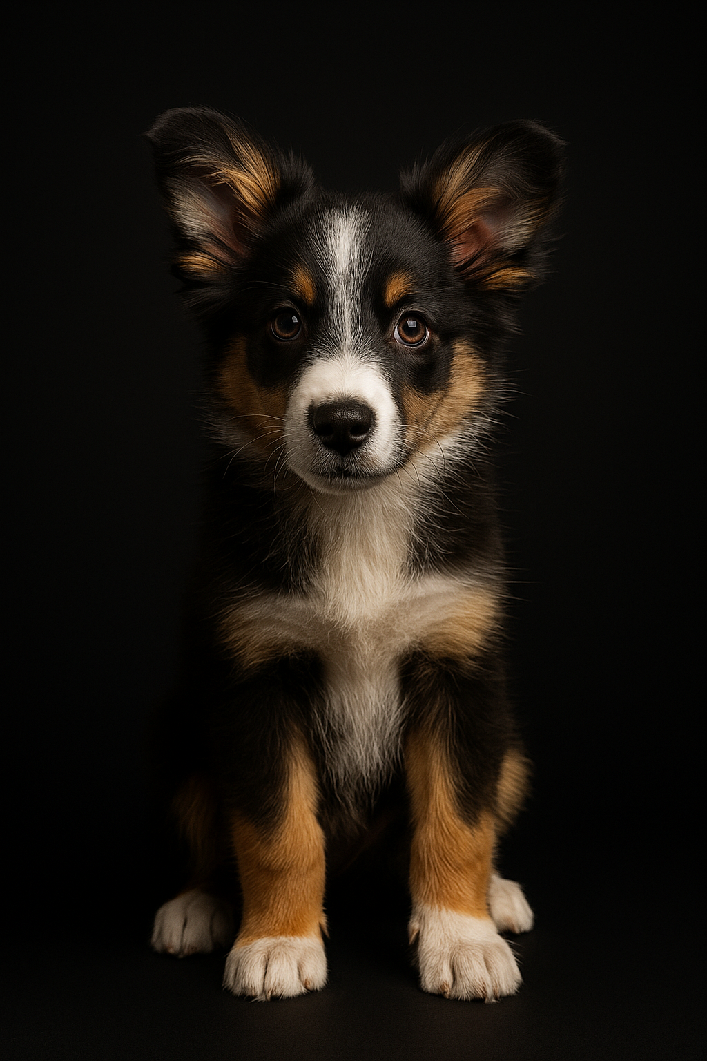 Cute puppy with a black, white, and tan coat sitting against a black background.