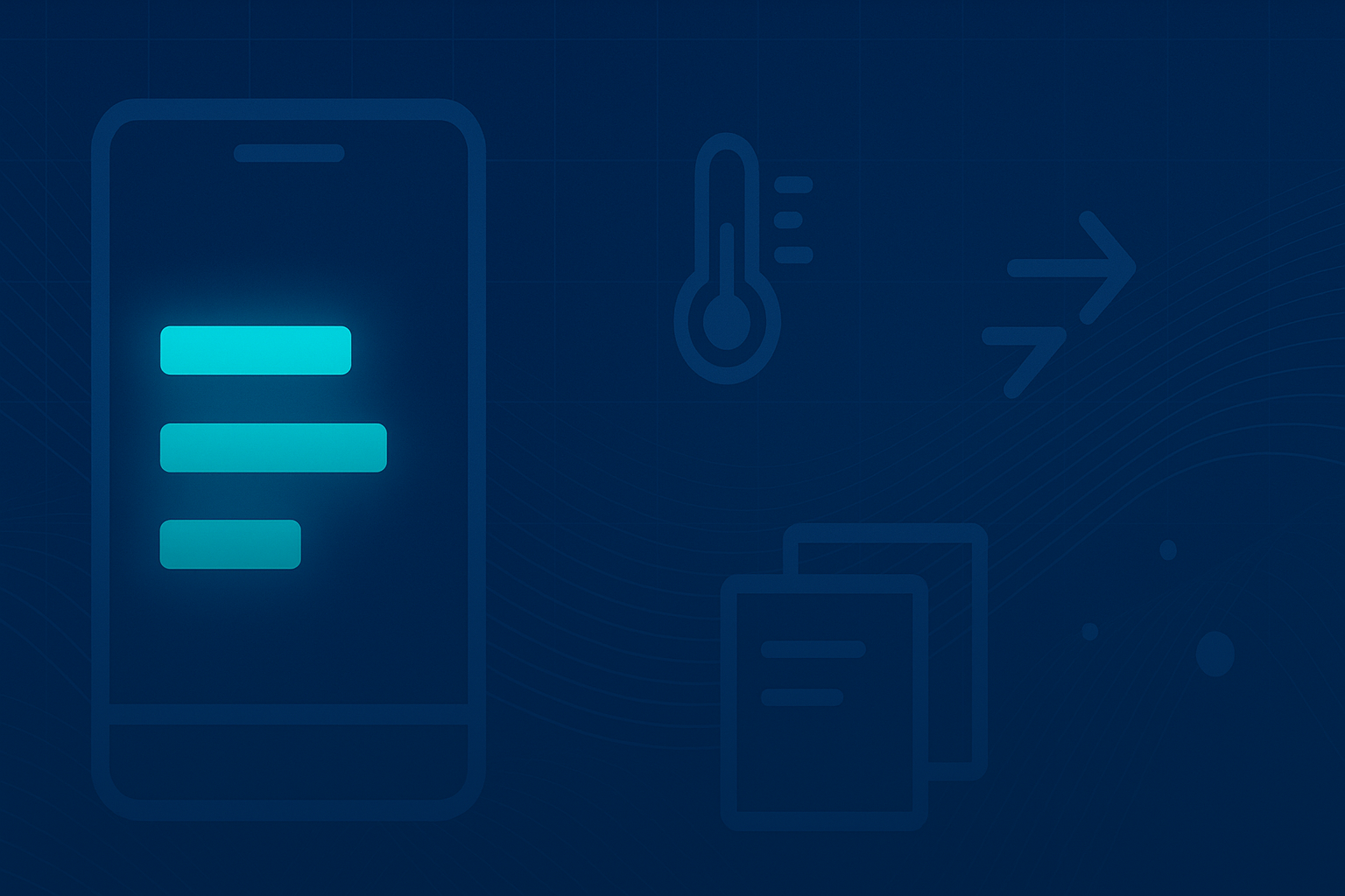 Illustration of mobile devices with wireless signals, temperature icon, and arrows on a blue background.