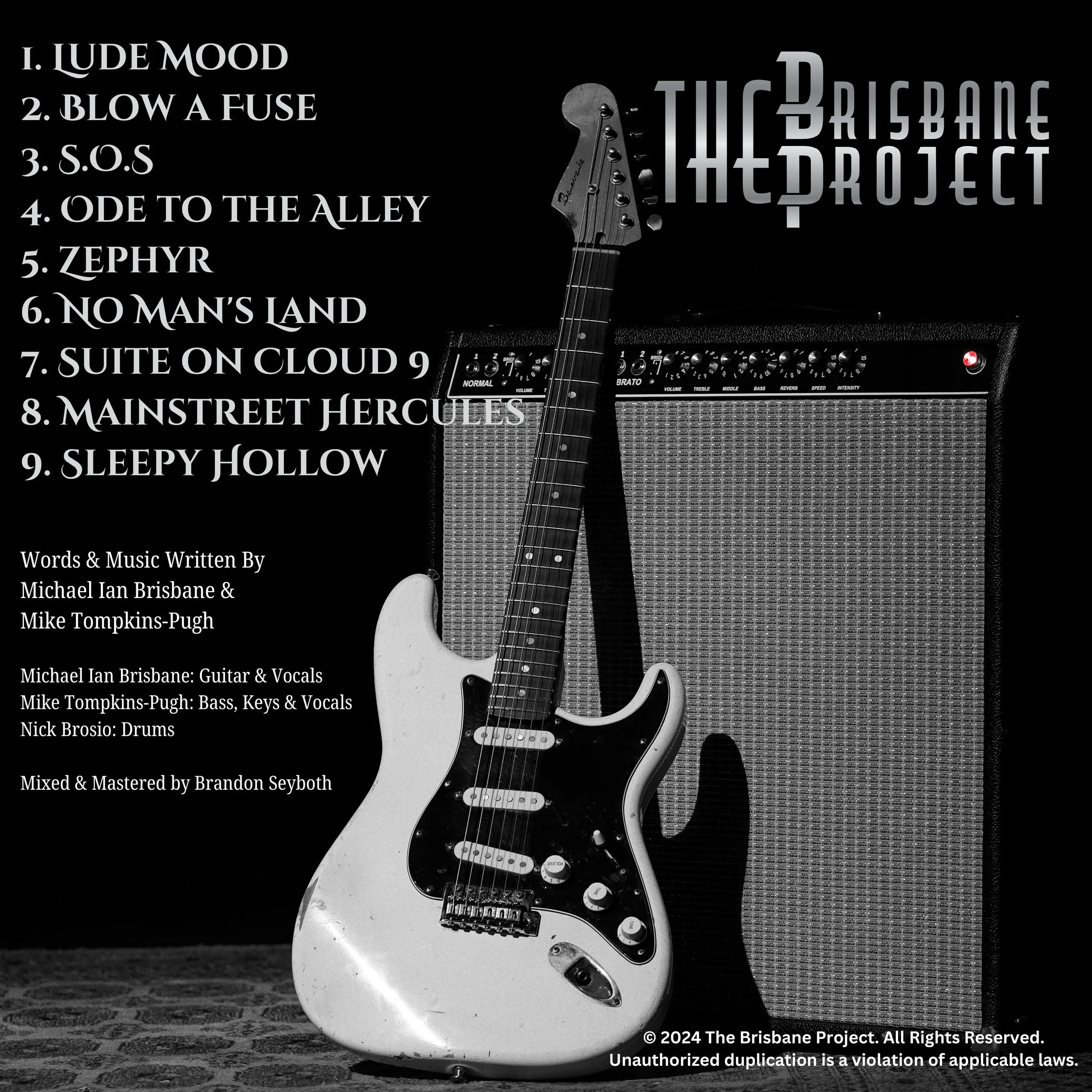 A black and white image of an electric guitar leaning against an amplifier, with a tracklist for The Brisbane Project displayed on the left side. The tracklist includes songs such as 'Lude Mood,' 'Blow a Fuse,' and 'S.O.S.'