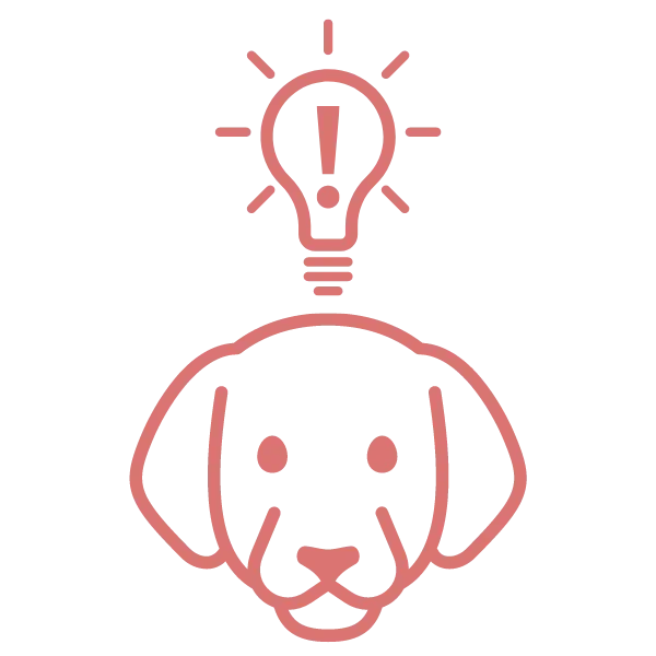 Illustration of a dog's face with a light bulb above its head, symbolizing an idea or creativity.