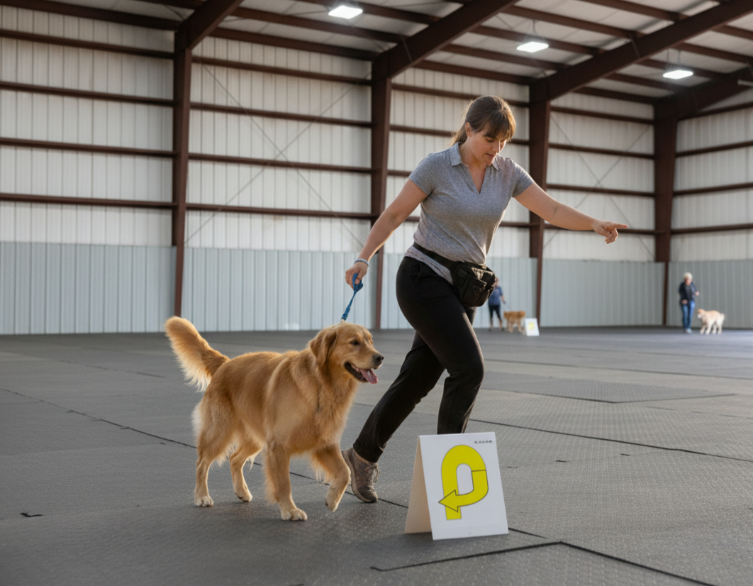 Woman training Golden Retriever in an indoor dog training facility.