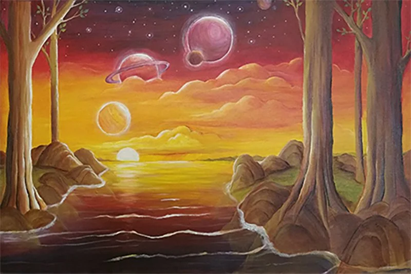Colorful painting of a sunset over a river with trees on both sides and planets in the sky.