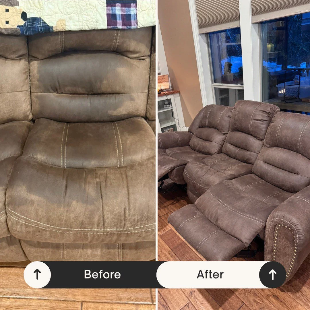 Side-by-side comparison of a brown fabric recliner chair before and after cleaning. The before image shows the chair with visible stains and worn fabric, while the after image displays a cleaner and refreshed appearance with less visible stains.