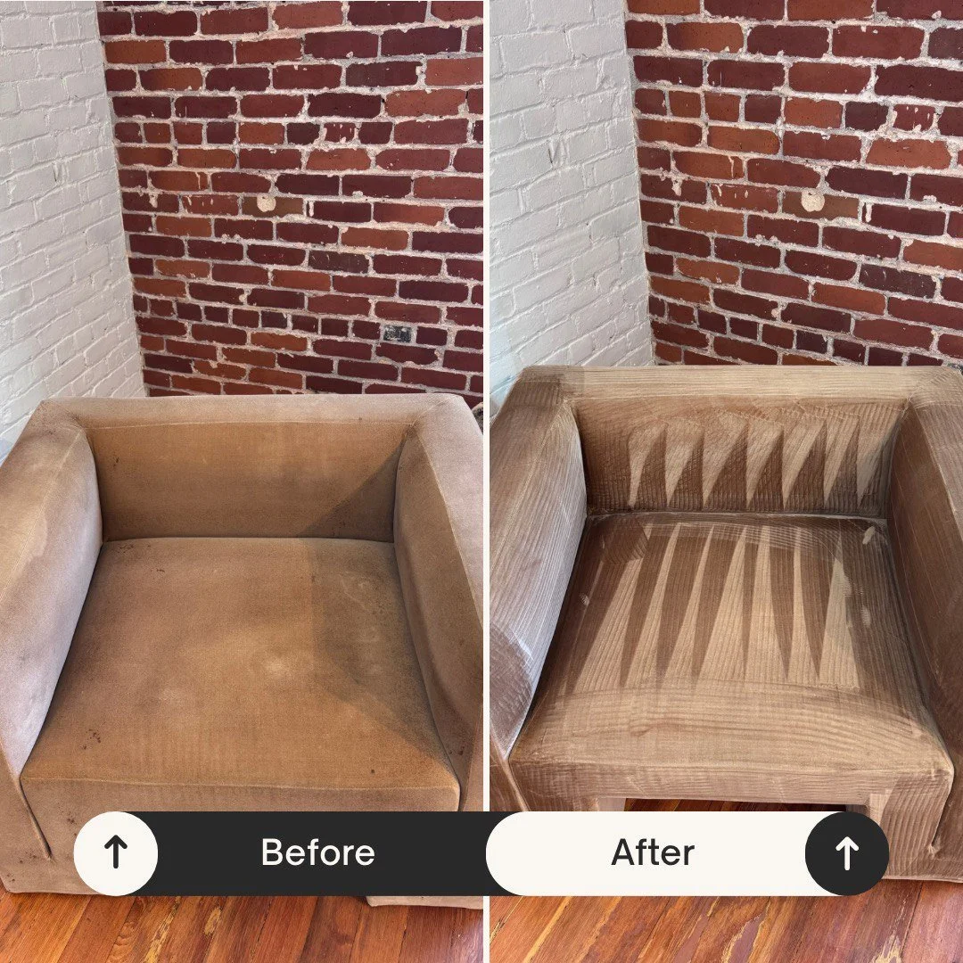 Side-by-side comparison of a brown armchair before and after cleaning and restoration. The 'Before' shows a dirty, worn fabric, while the 'After' shows a cleaned and reupholstered chair with patterned fabric. Both images feature a brick wall backgrou