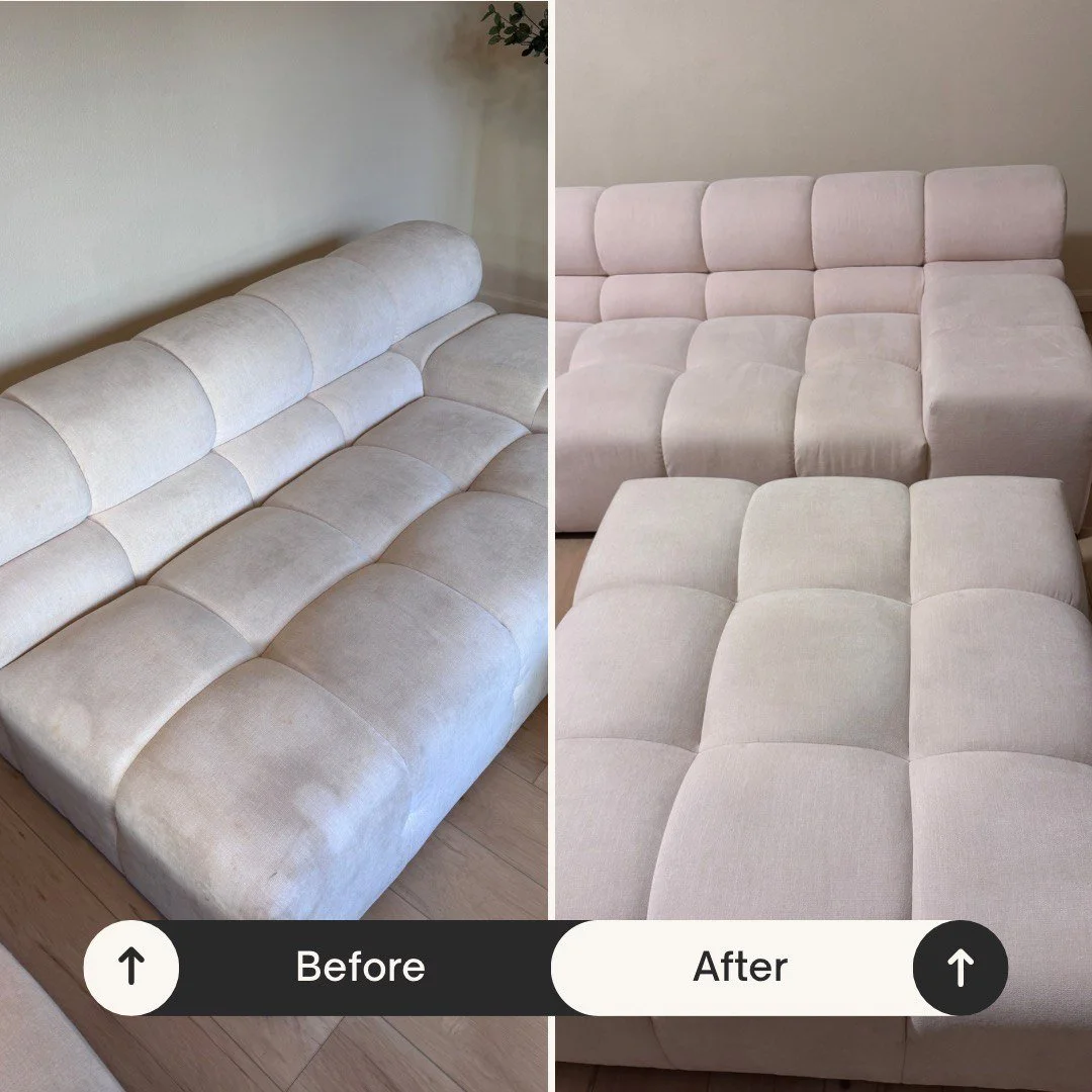 Comparison of a white sofa before and after cleaning, showing a noticeable improvement in cleanliness and fabric brightness.