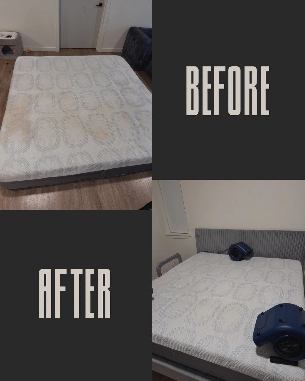 Comparison of a mattress before and after cleaning. The 'Before' image shows a stained mattress, while the 'After' image shows a clean mattress with cleaning equipment on it.